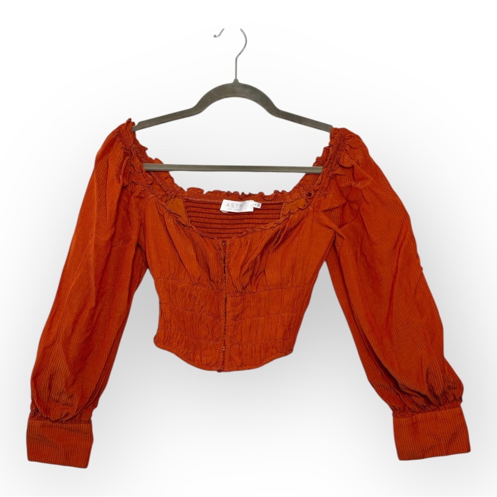 ASTR Burnt Orange Smocked Corset Blouse Puff Sleeve Cropped Romantic Boho Top S - Picture 3 of 9